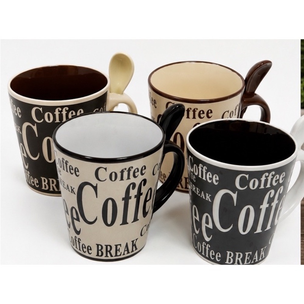 Mr Coffee 4‎ Piece Mug Set with Spoons Coffee Break Typography Black Brown Tan